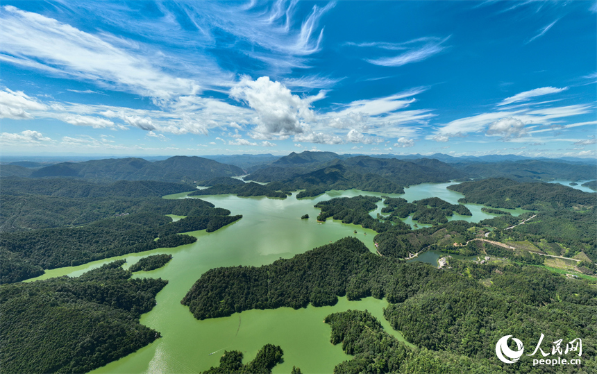 贛州市上猶縣陽明湖，山青水碧、樹木蔥蘢，與藍天白云相映成畫。人民網 朱海鵬攝