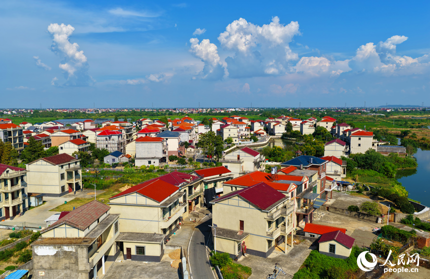 星羅棋布的魚塘與民居、田野相互映襯，構成一幅色彩斑斕的和美鄉村畫卷。人民網記者 毛思遠攝