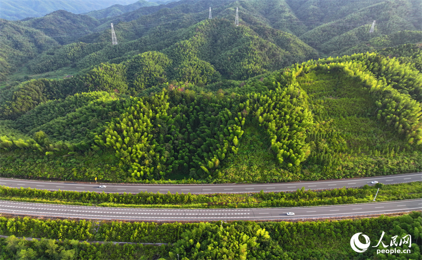 撫州市資溪縣嵩市鎮，撫（州）至吉（安）高速公路如同銀龍蜿蜒穿梭于蒼翠的崇山峻嶺間，與田園、村落相映成景。人民網 朱海鵬攝