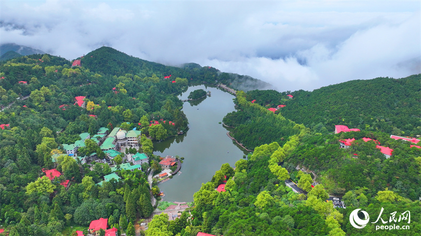 廬山市牯嶺鎮云霧繚繞，美輪美奐，與房屋、綠樹相映成景。人民網 朱海鵬攝
