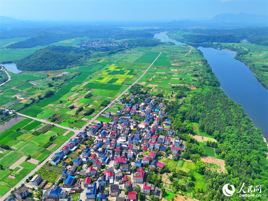 德興市香屯街道柏垣村，鱗次櫛比的房屋與蜿蜒的樂安江相映成景，構成一幅河暢、水清、岸綠的和美鄉村畫卷。人民網 朱海鵬攝
