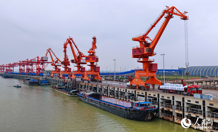 在姚灣綜合碼頭，運輸貨物的車輛往來穿梭，起重機裝卸作業有序進行。人民網 朱海鵬攝