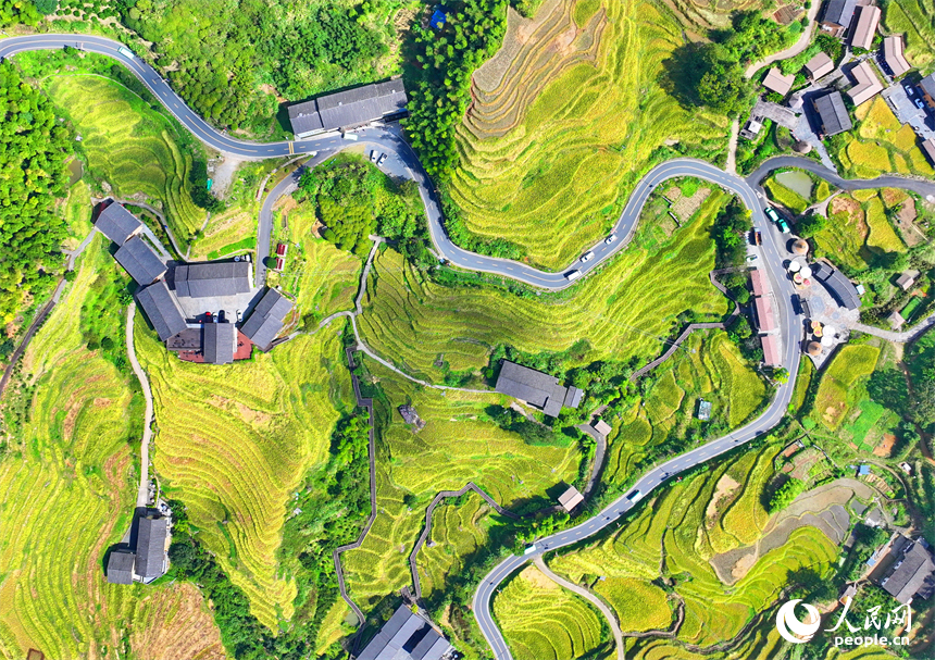 贛州市崇義縣上堡鄉，通村柏油公路串聯起層層疊疊的梯田，吸引了不少游客驅車前來游玩。人民網 朱海鵬攝