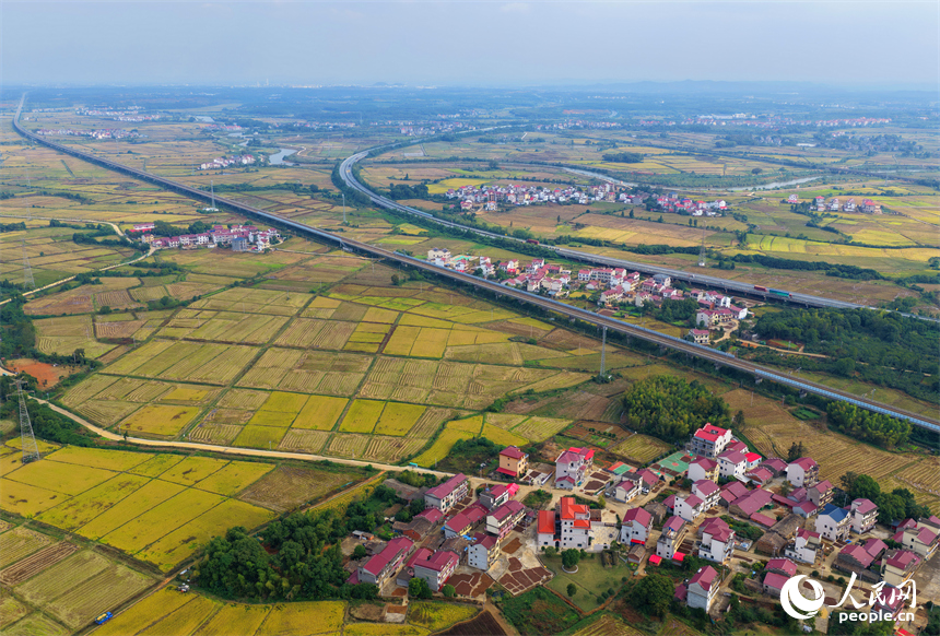 樟樹市觀上鎮一帶，公路、鐵路縱橫交錯，廣袤田園與青山綠樹交相輝映，冬日風景宜人。人民網 朱海鵬攝