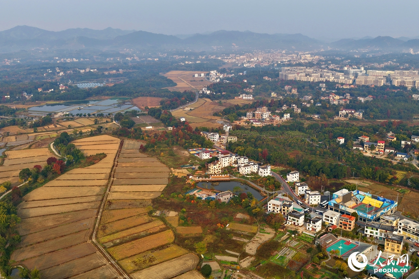 南康區龍回鎮龍東村，綿延山巒與房屋、農田、樹木相互映襯，構成一幅色彩繽紛的冬日鄉村畫卷，吸引眾多游客前來游玩。人民網記者 朱海鵬攝